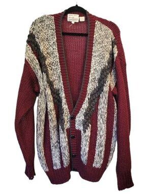 Vintage Sears 80's Hand Knit Chunky Knit Oversized Cardigan Sweater Red Gray